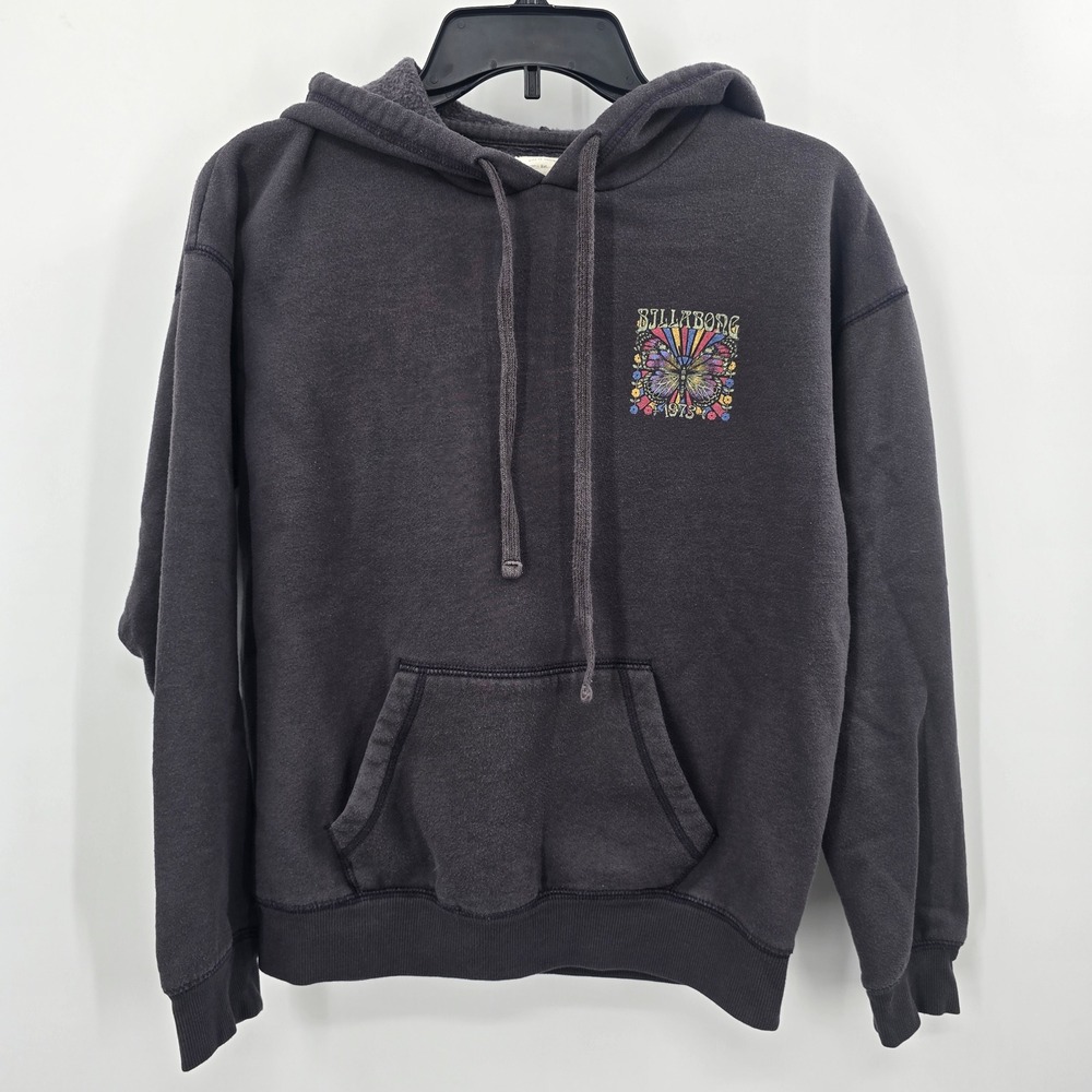 Billabong Womens Butterfly Graphic Hoodie Faded Black Retro 1973 Pullover Medium